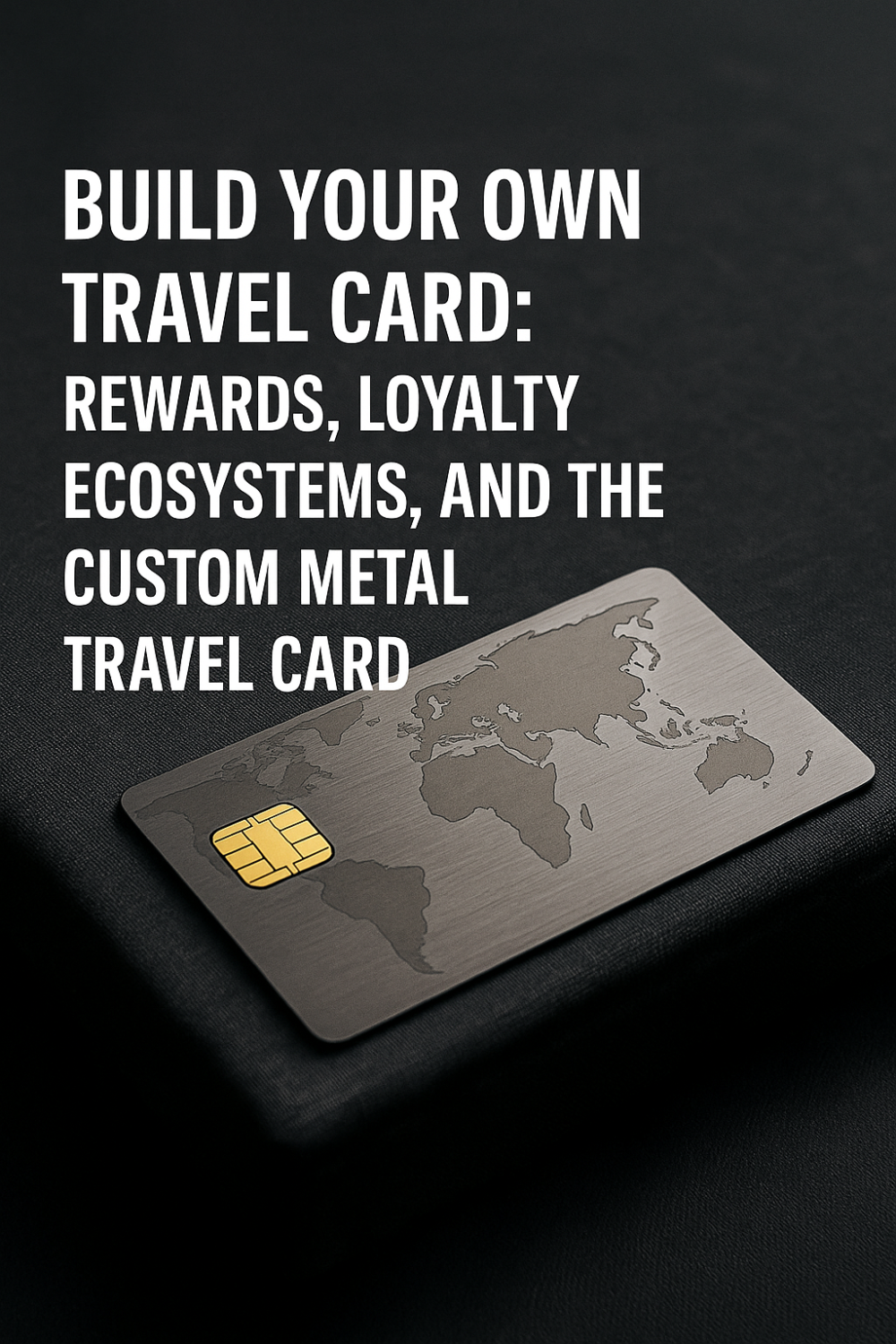 Custom metal travel card with etched world map and EMV chip resting on a dark fabric surface with the headline build your own travel card.