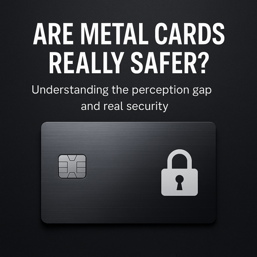 Custom metal credit card with EMV chip and lock icon illustration, with the headline Are metal cards really safer? Understanding the perception gap and real security.