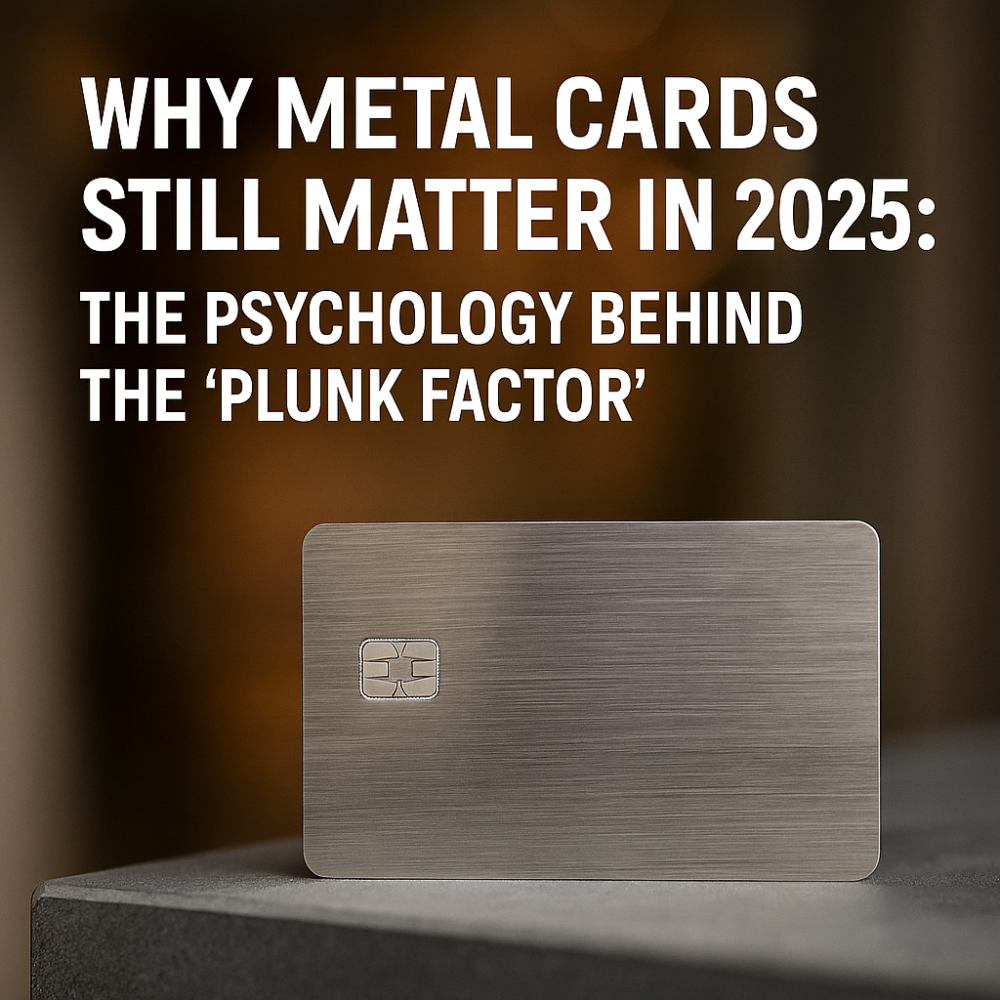 Close-up of a blank brushed metal credit card standing on a stone surface, with bold overlay text that reads “Why metal cards still matter in 2025: The psychology behind the ‘plunk factor’.”