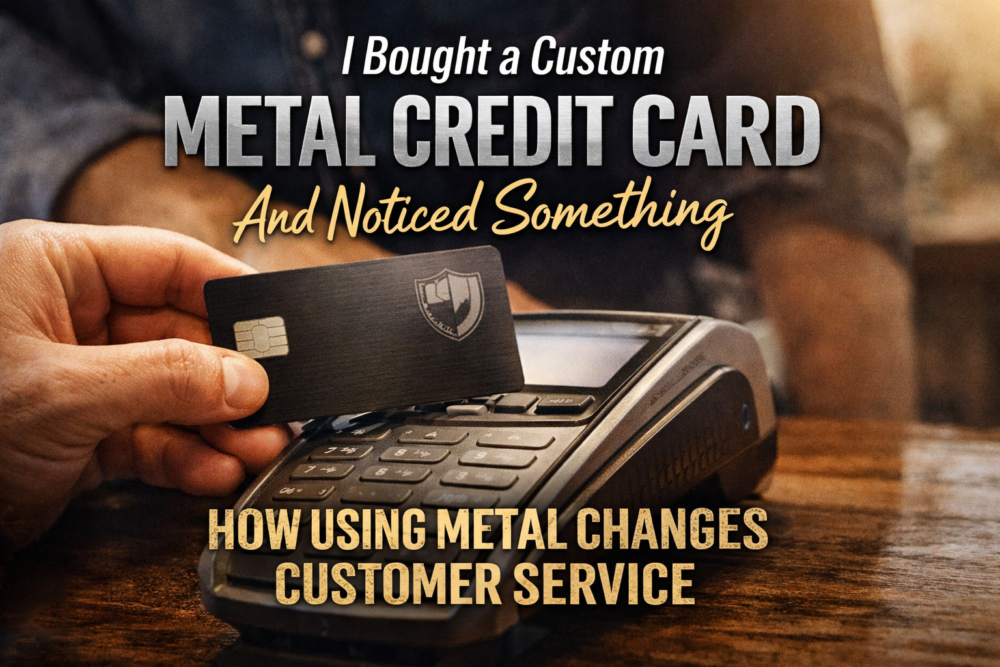 Hand holding a custom black metal credit card above a payment terminal with text about how metal cards change customer service.