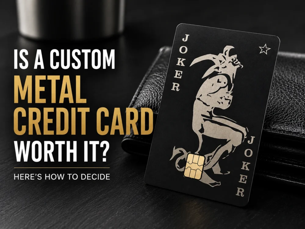 Custom matte black metal credit card with Joker design demonstrating why upgrading from plastic to a custom metal credit card is worth it.