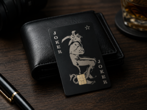 Custom matte black metal credit card with Joker design resting on a black leather wallet on a wooden desk.
