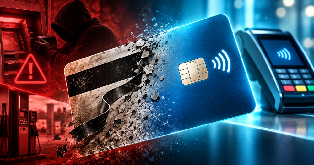 Magnetic stripe credit card breaking apart as modern EMV chip and contactless payment technology replace outdated card security.